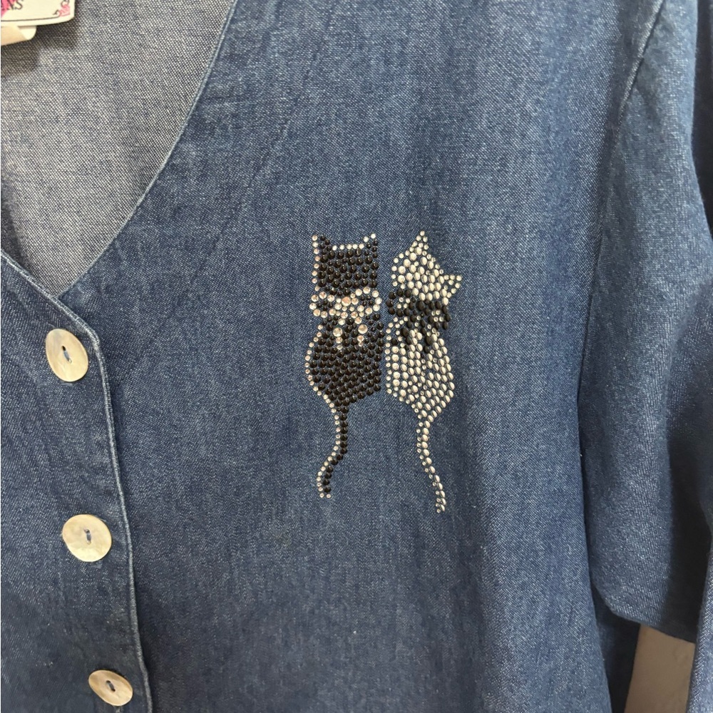 Vintage bling cats denim button down top - Picture 4 of 7